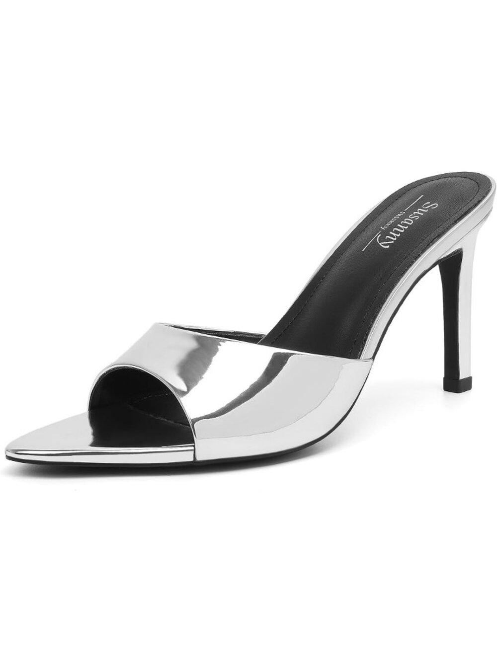 Women's Silver Leather Summer Mule High Heel Slip on Pointed Open Toe Sexy Heel